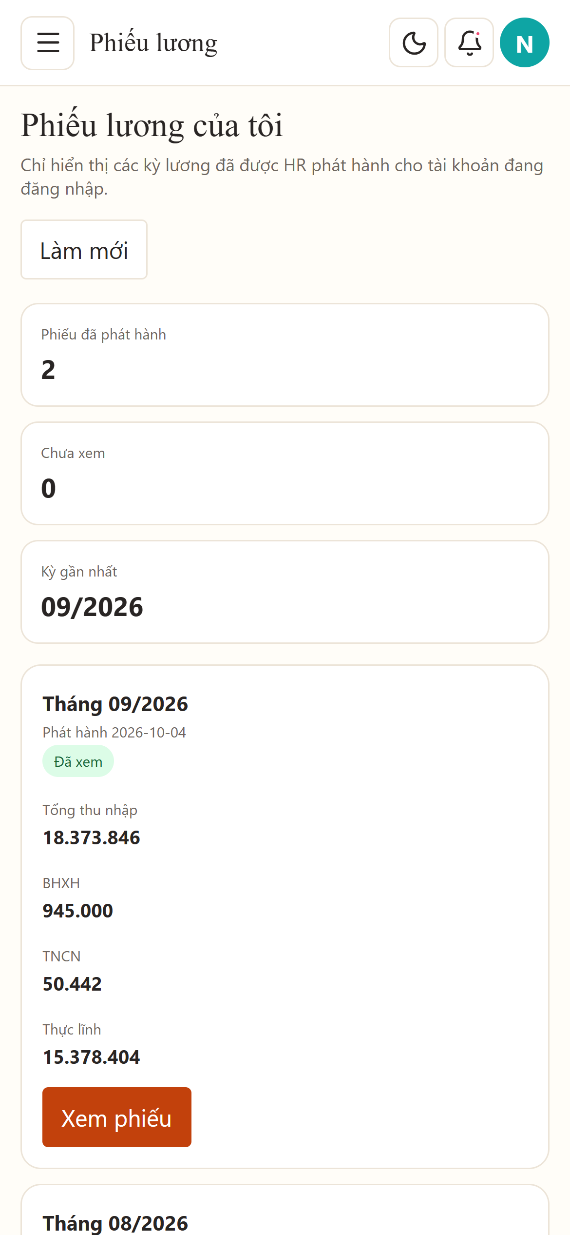 Phiếu lương trên điện thoại trong Workflow DUTA